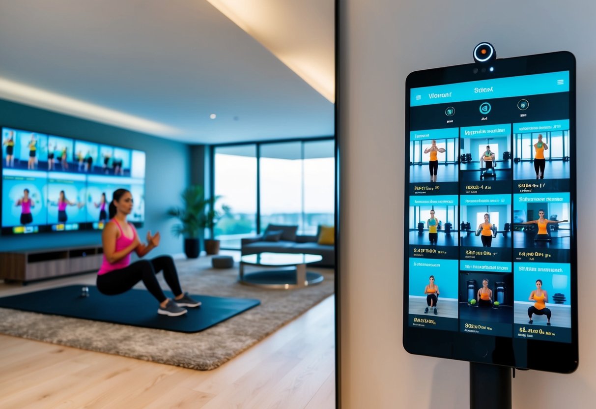 A modern living room with a sleek smart mirror displaying various workout routines. A person's reflection shows them following along with the virtual instructor